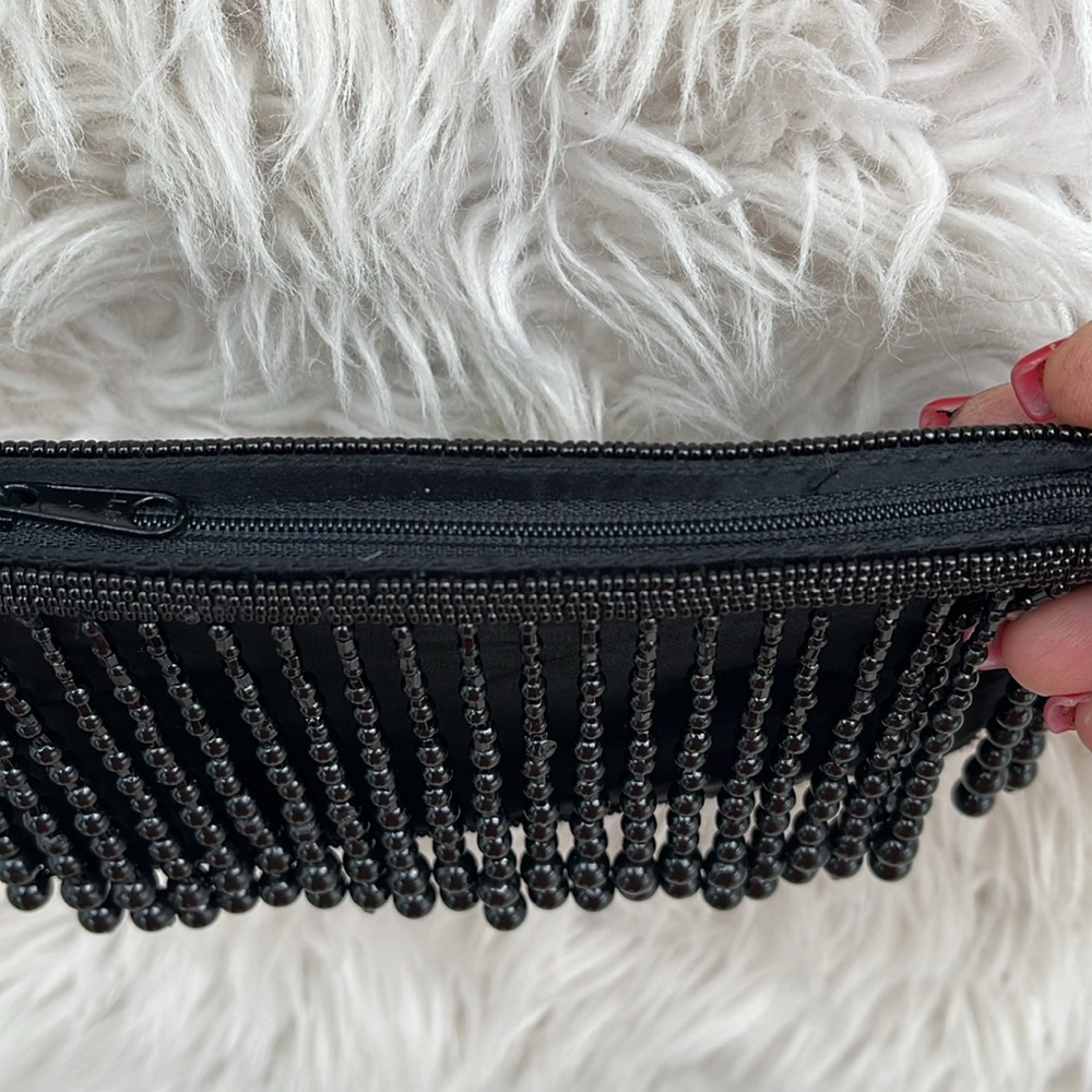 LA REGALE  Vintage Satin Pouch w/ Droplet Beaded Evening Crossbody Purse, Black - Picture 5 of 15